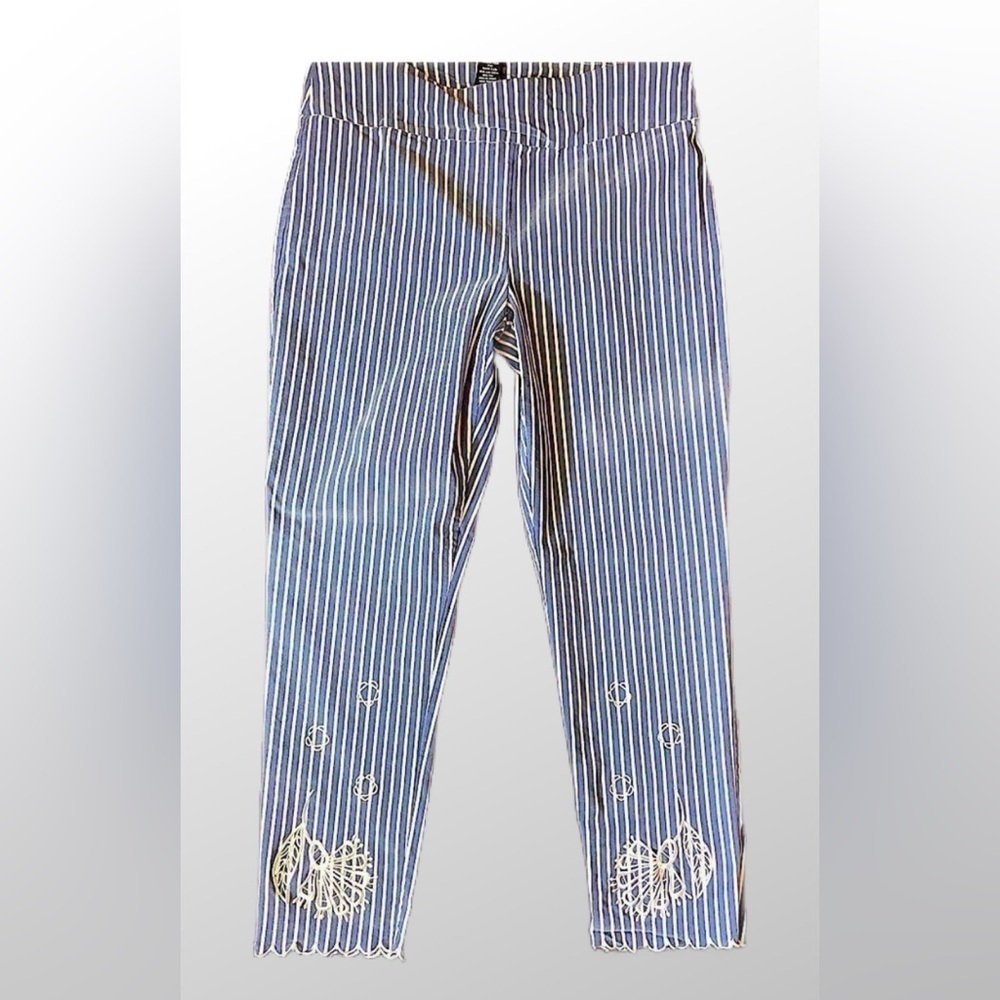 Attyre Women's Striped Elastic Waist Pants With Embroidered Flowers